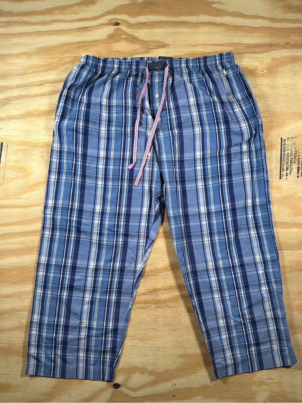 Polo Ralph Lauren Mens Large Blue Plaid Sleepwear Pajama Pants Pink Drawstring